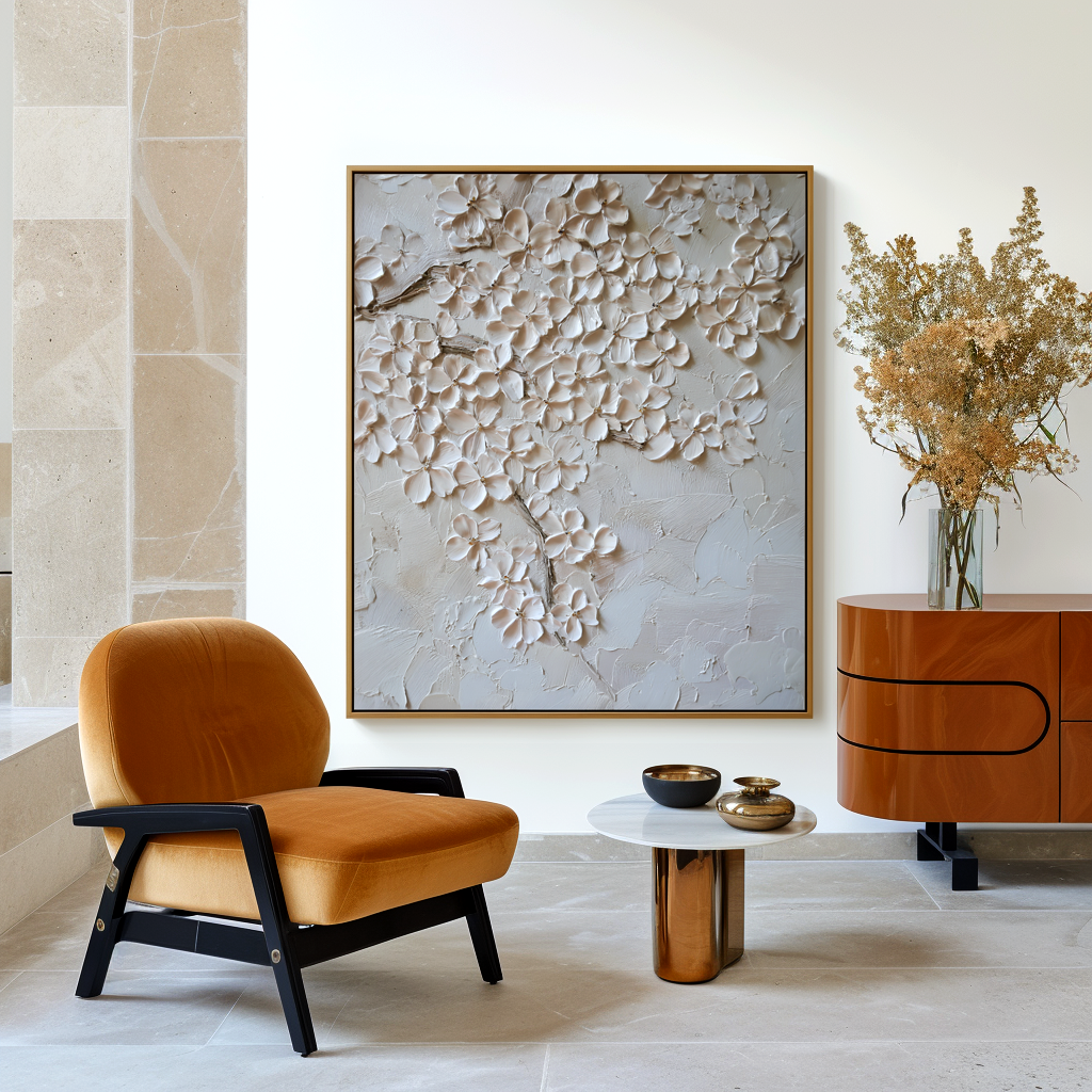 textured ivory blossom painting with raised petals on a light neutral background