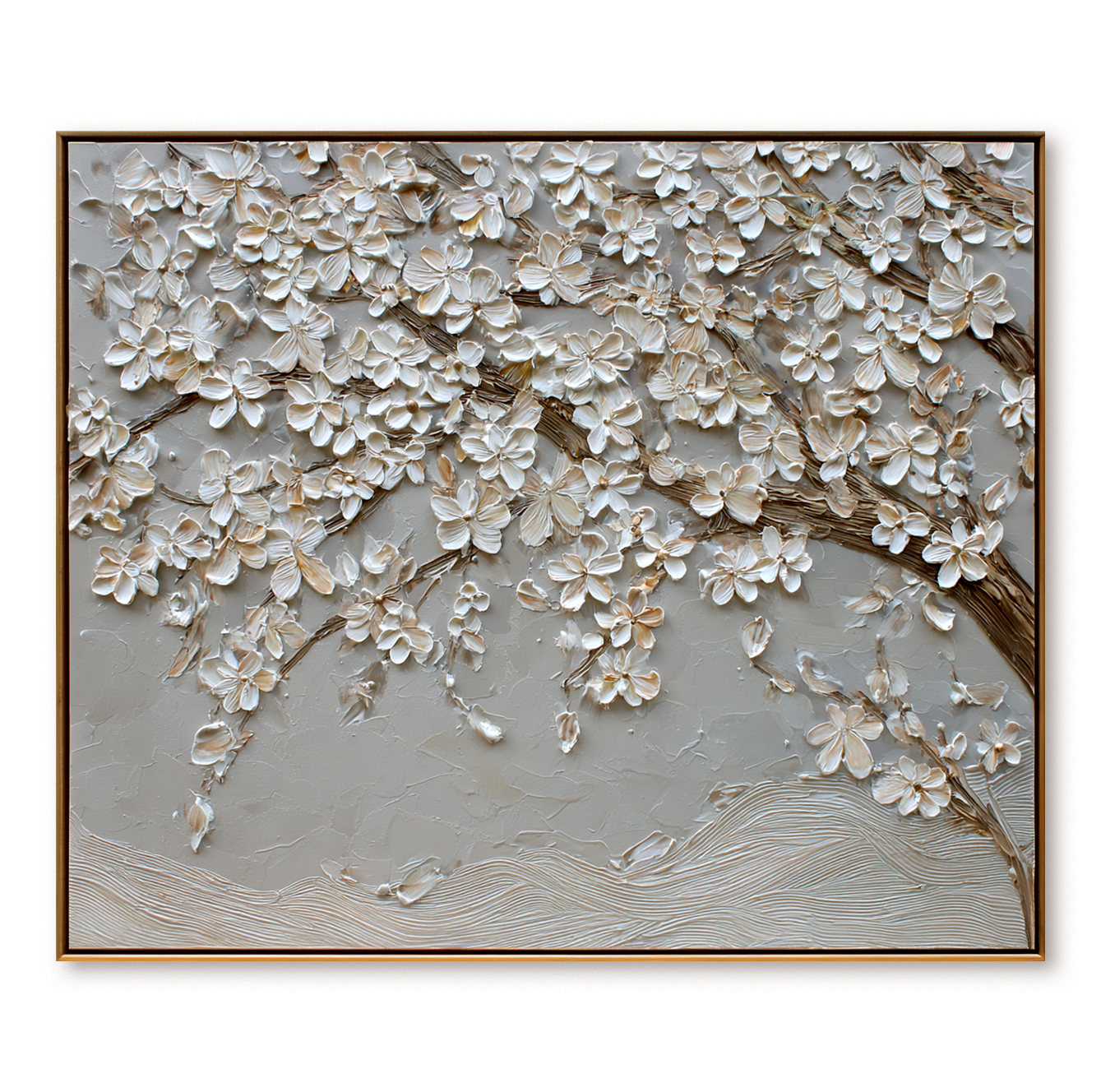 textured white blossom wall art with flowing branches on neutral background