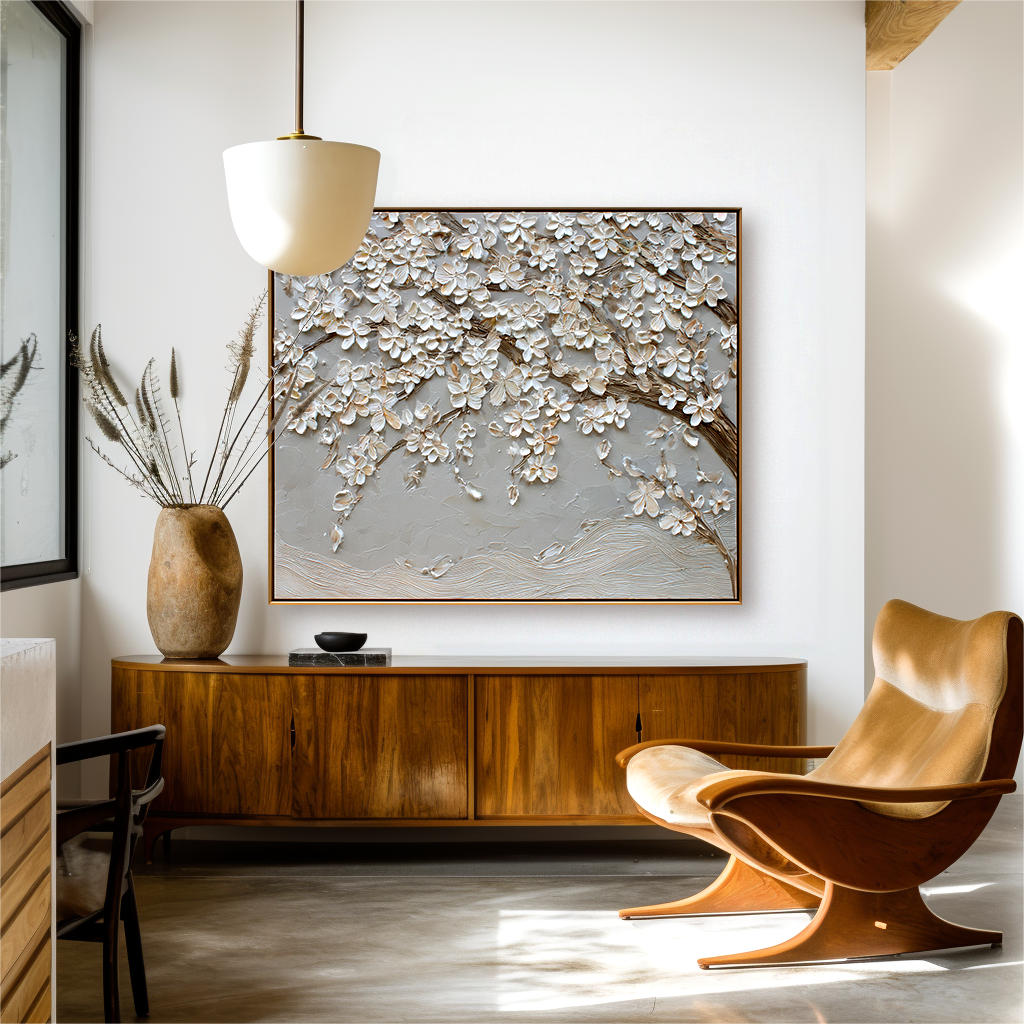 textured white blossom wall art with flowing branches on neutral background