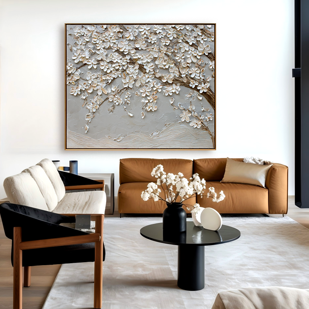 textured white blossom wall art with flowing branches on neutral background