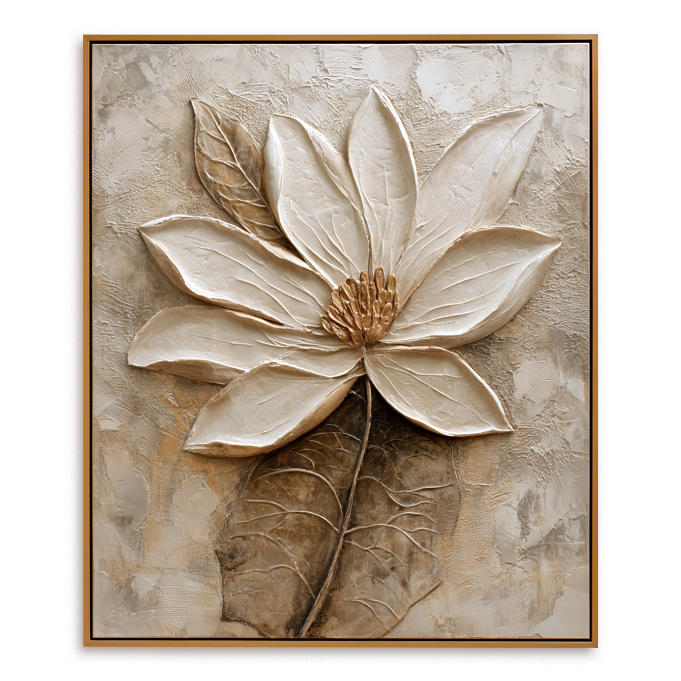 textured neutral floral wall art with raised petals and soft beige background