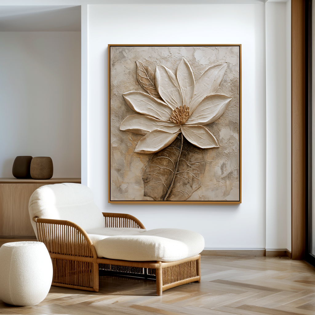 textured neutral floral wall art with raised petals and soft beige background