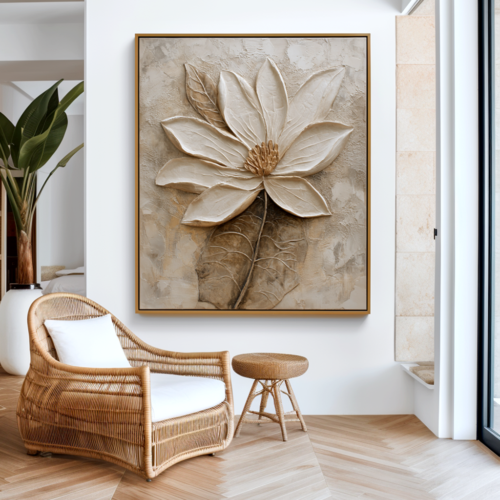 textured neutral floral wall art with raised petals and soft beige background