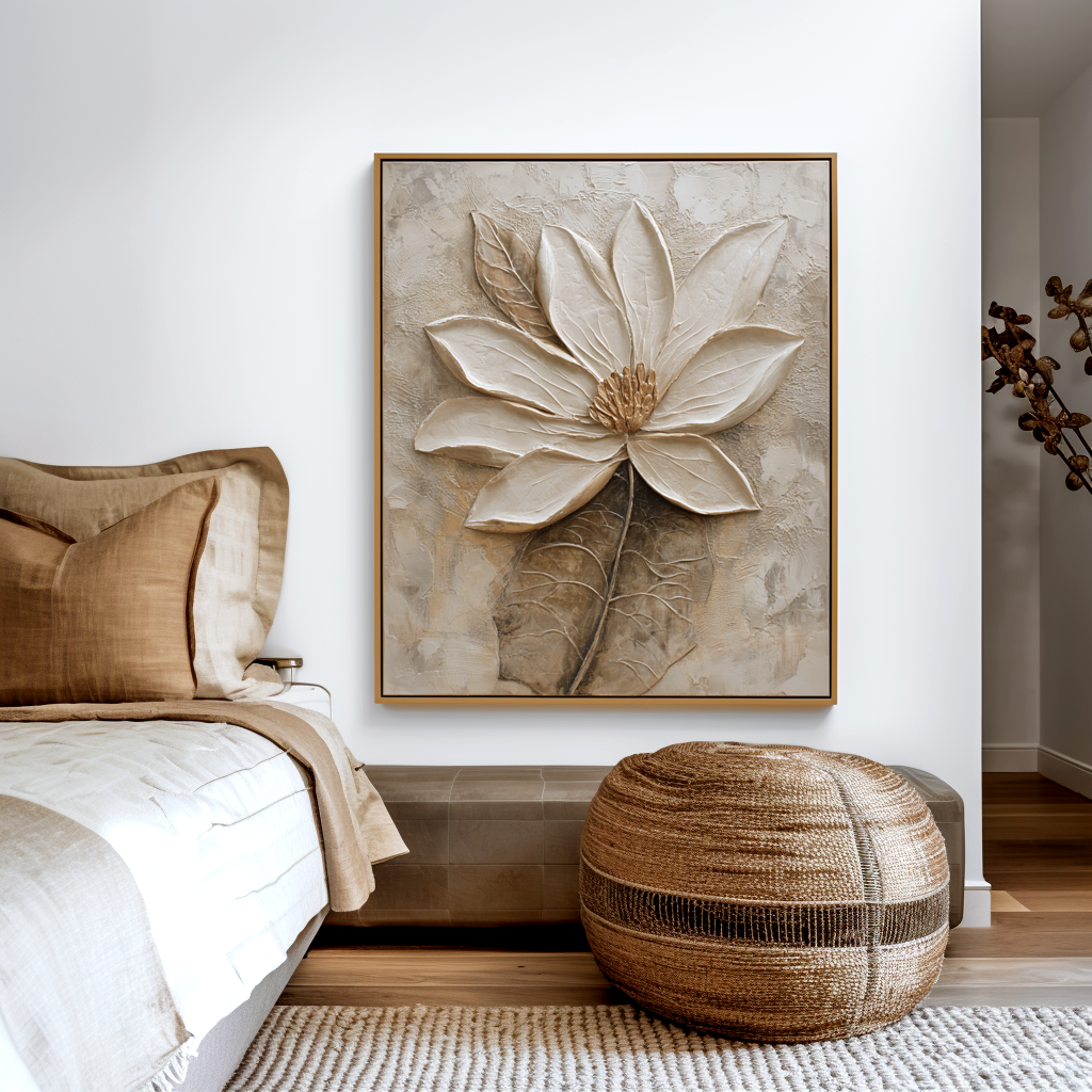 textured neutral floral wall art with raised petals and soft beige background