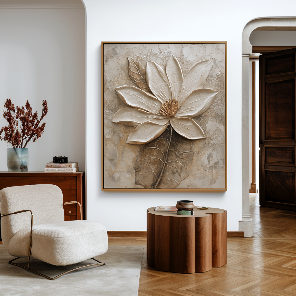 textured neutral floral wall art with raised petals and soft beige background