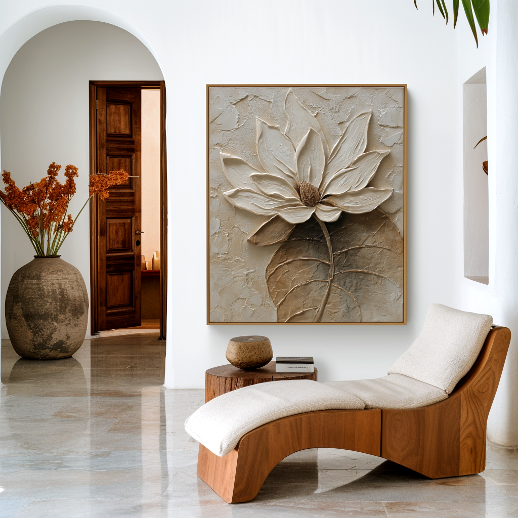 textured lotus flower wall art with raised petals and neutral beige background