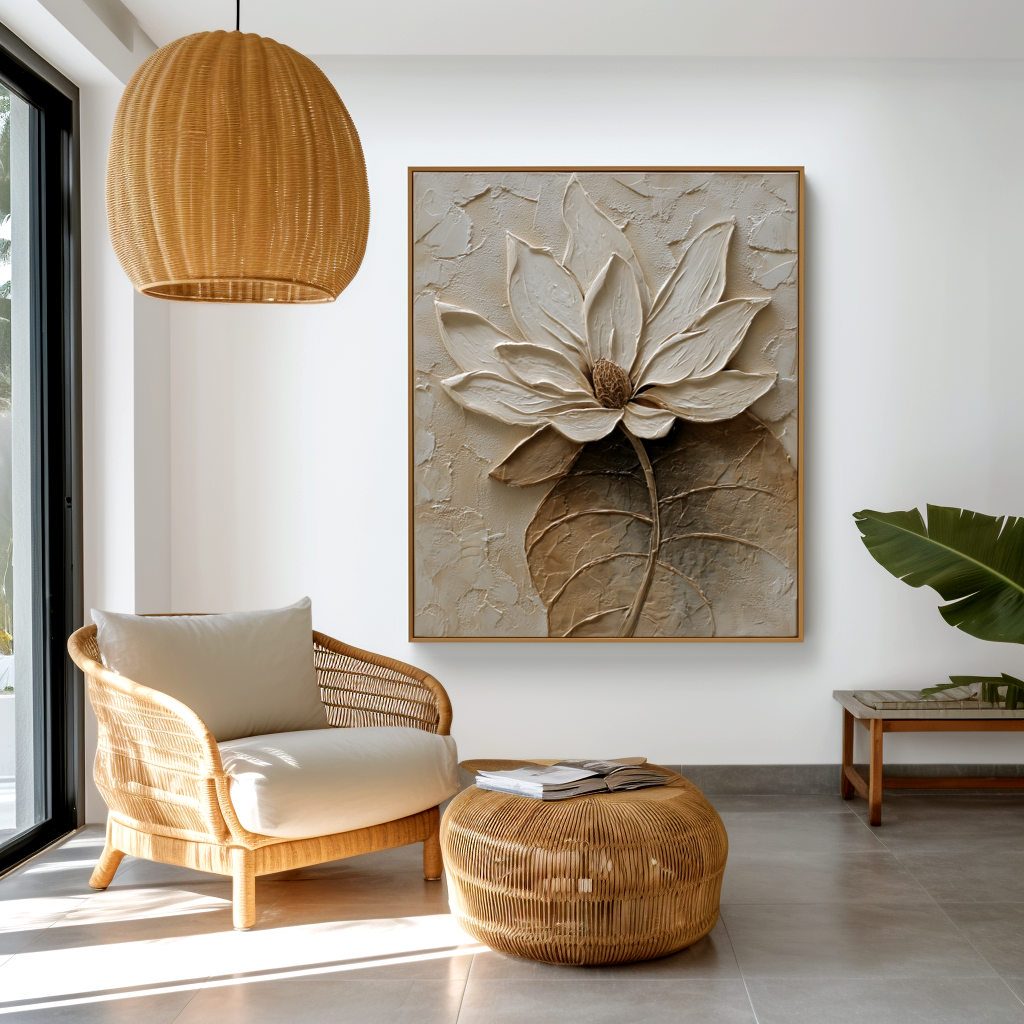 textured lotus flower wall art with raised petals and neutral beige background