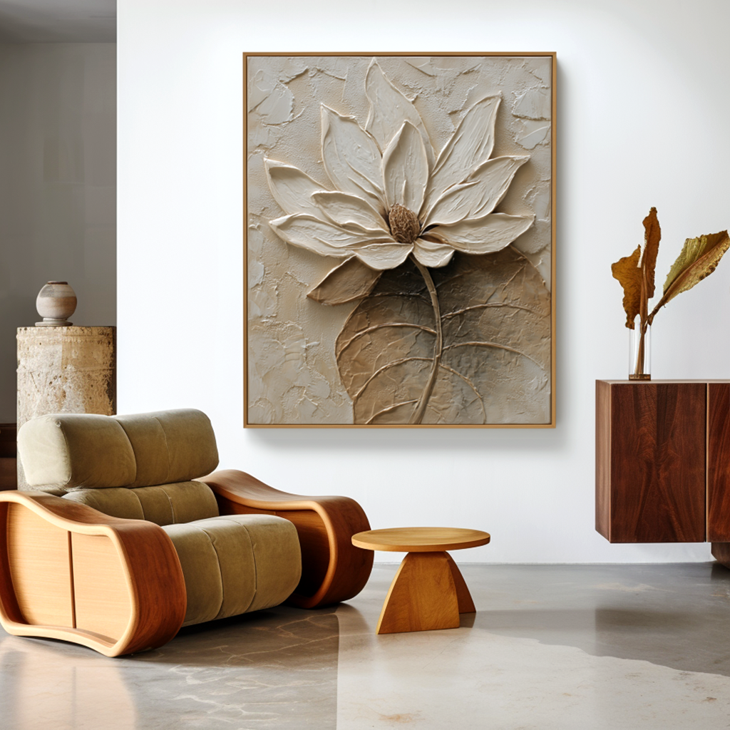 textured lotus flower wall art with raised petals and neutral beige background