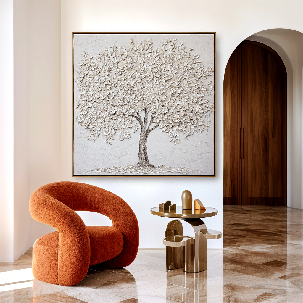 textured white tree wall art with raised leaves on minimalist neutral background