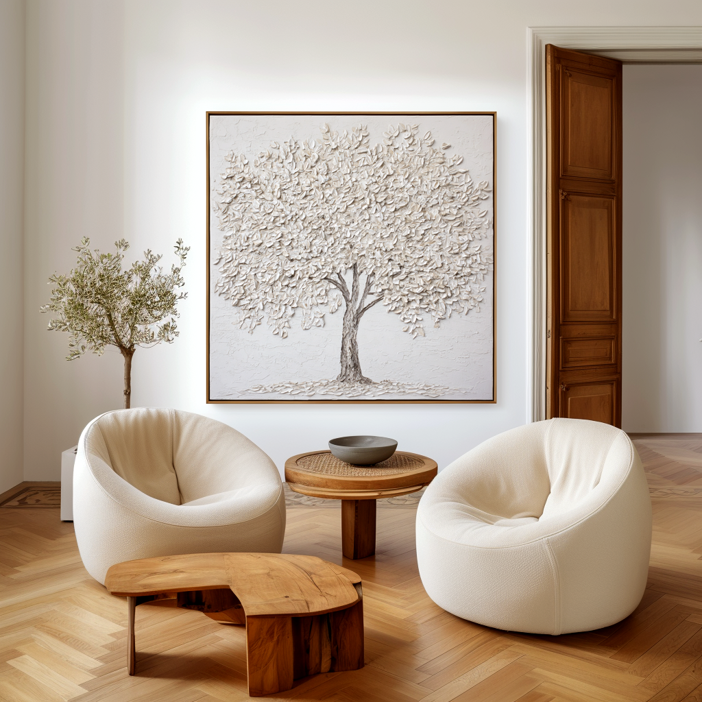 textured white tree wall art with raised leaves on minimalist neutral background