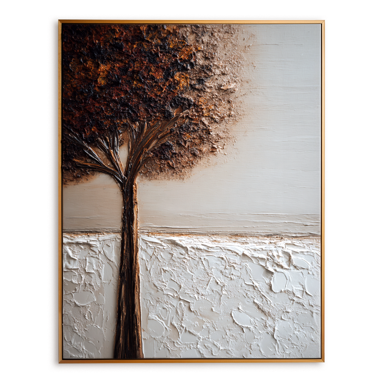 textured tree wall art with earthy tones and minimalist horizon background