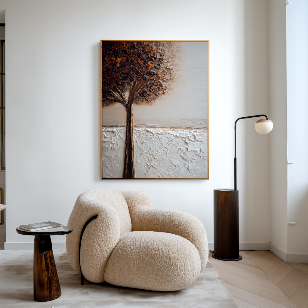 textured tree wall art with earthy tones and minimalist horizon background