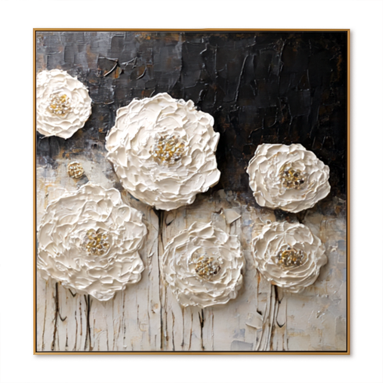 textured white floral painting with raised ivory blooms on dark background