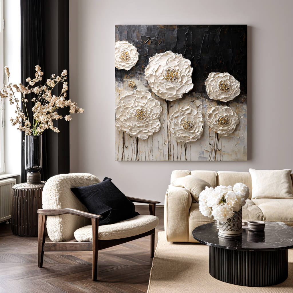 textured white floral painting with raised ivory blooms on dark background