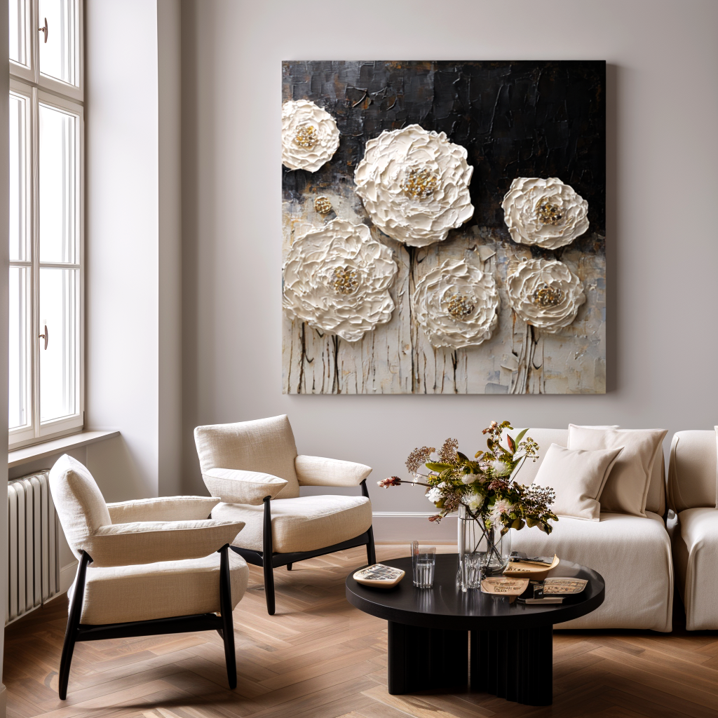 textured white floral painting with raised ivory blooms on dark background