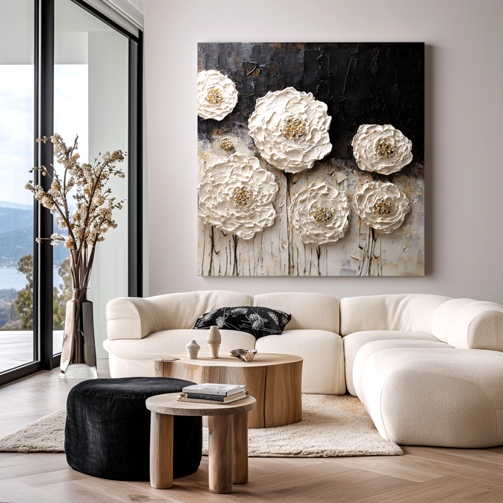 textured white floral painting with raised ivory blooms on dark background