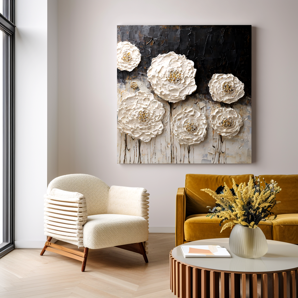 textured white floral painting with raised ivory blooms on dark background
