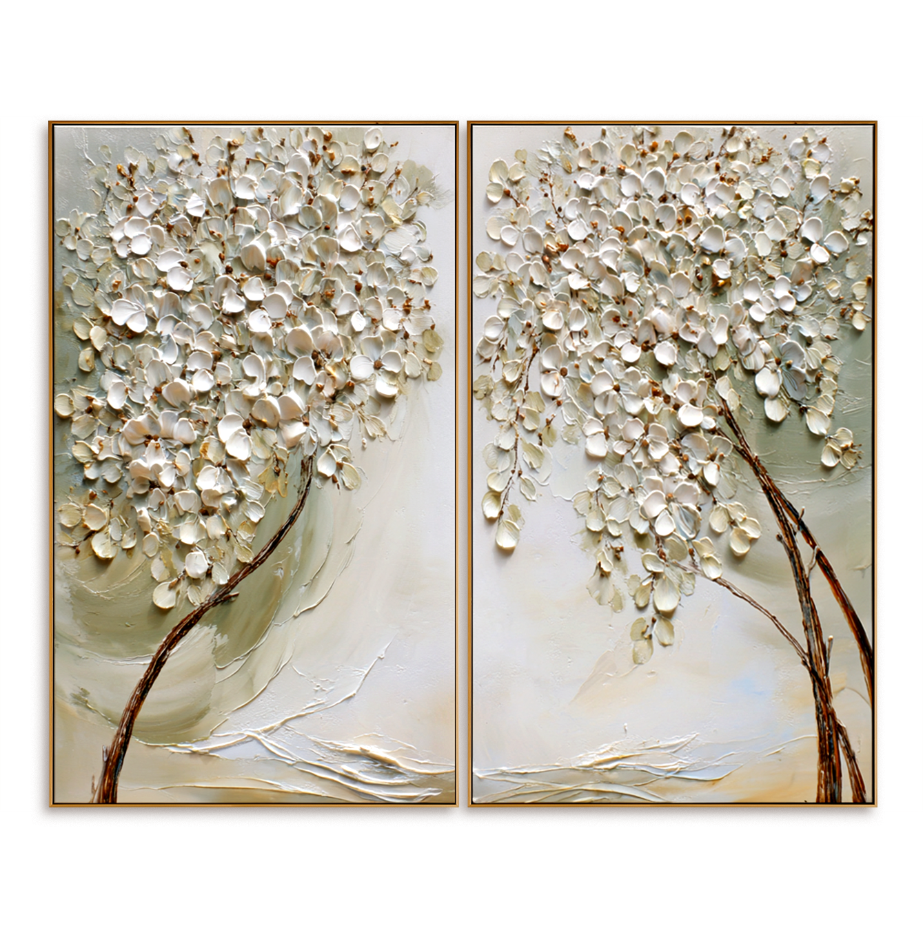 textured white blossom tree diptych wall art with raised petals