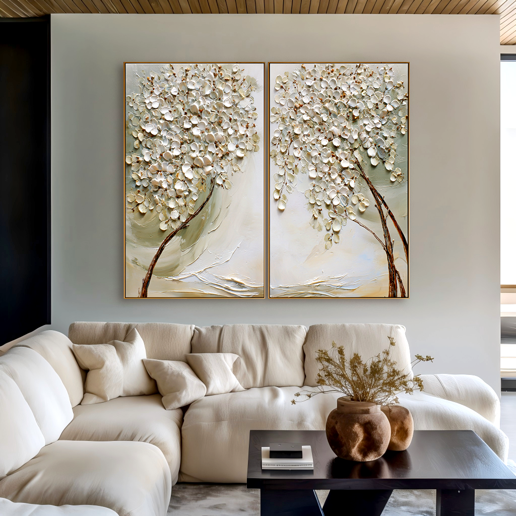 textured white blossom tree diptych wall art with raised petals