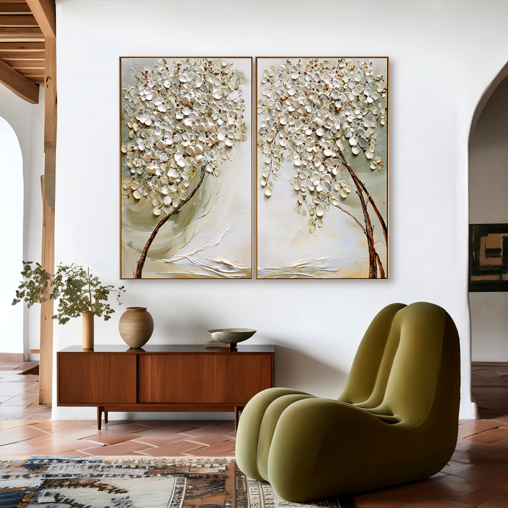 textured white blossom tree diptych wall art with raised petals