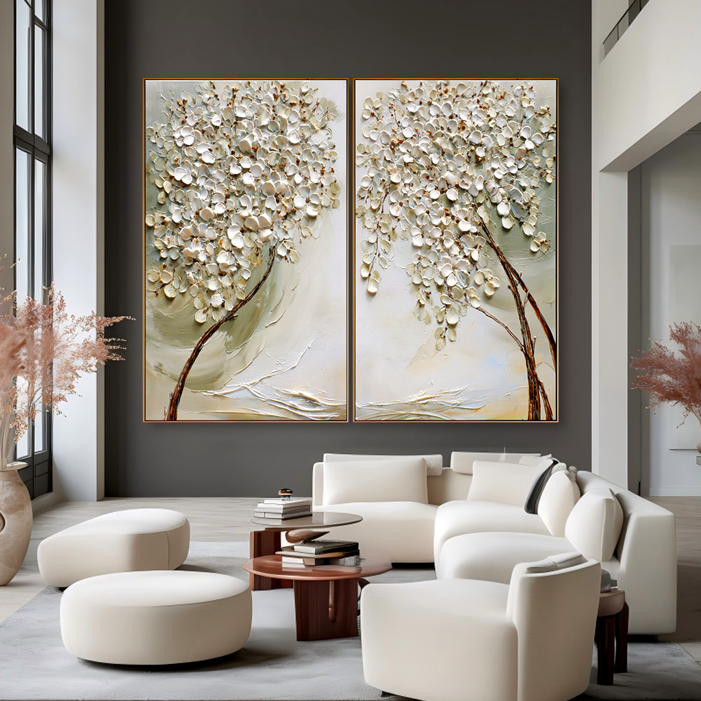 textured white blossom tree diptych wall art with raised petals