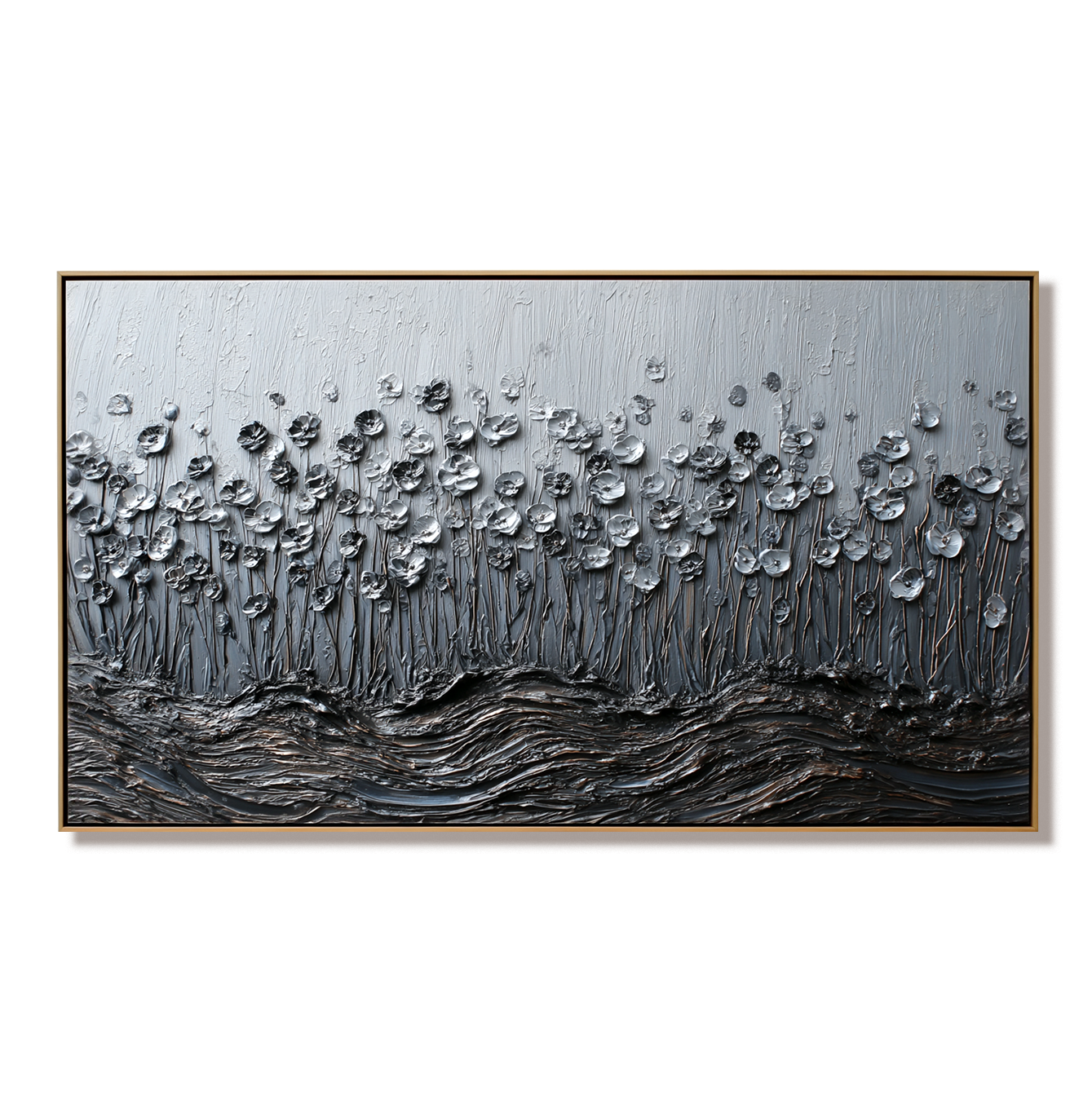 textured abstract floral wall art with raised silver flowers and layered texture