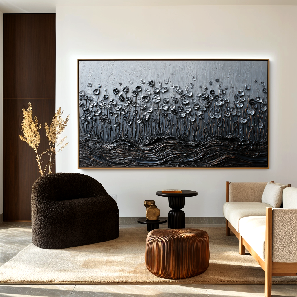 textured abstract floral wall art with raised silver flowers and layered texture