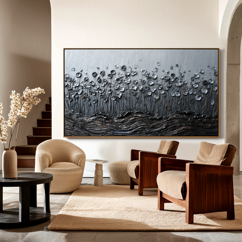 textured abstract floral wall art with raised silver flowers and layered texture