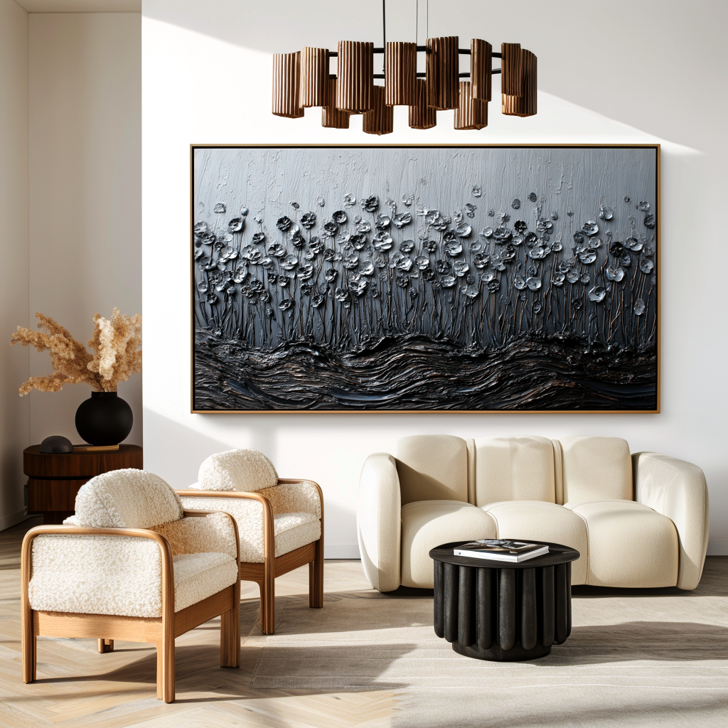 textured abstract floral wall art with raised silver flowers and layered texture