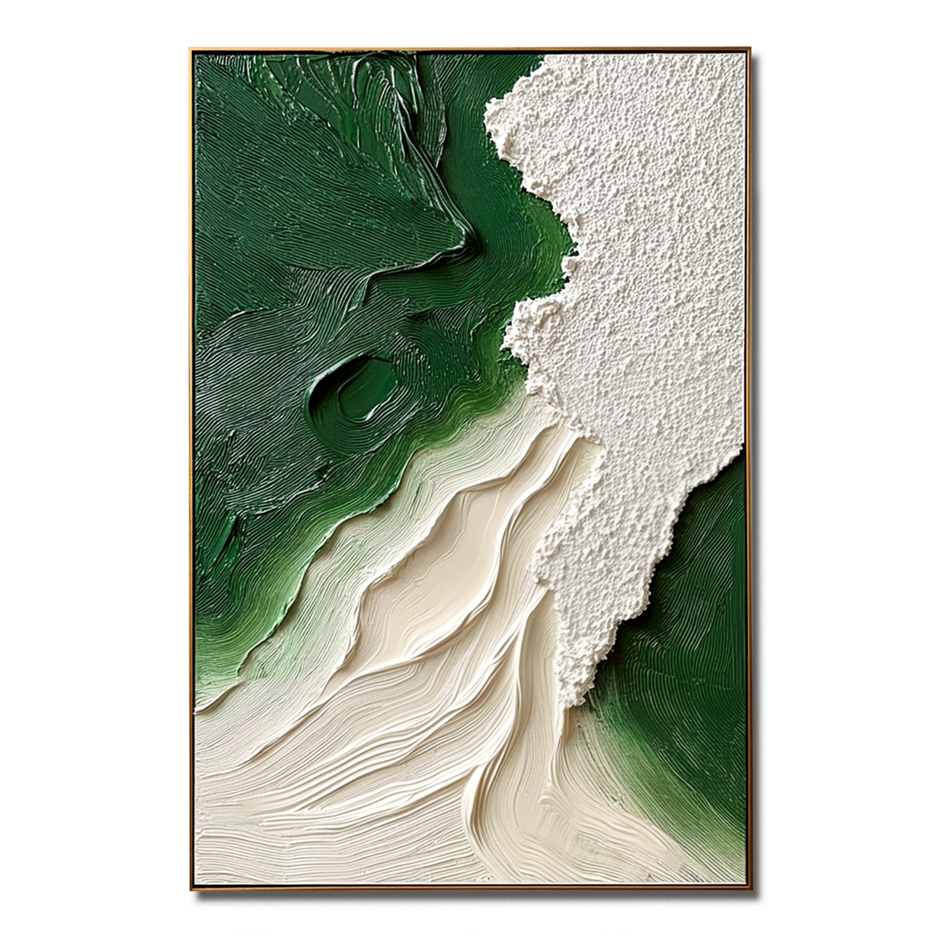 textured green abstract wall art with layered flowing brushstrokes