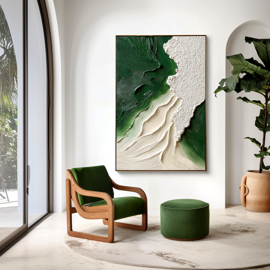 textured green abstract wall art with layered flowing brushstrokes