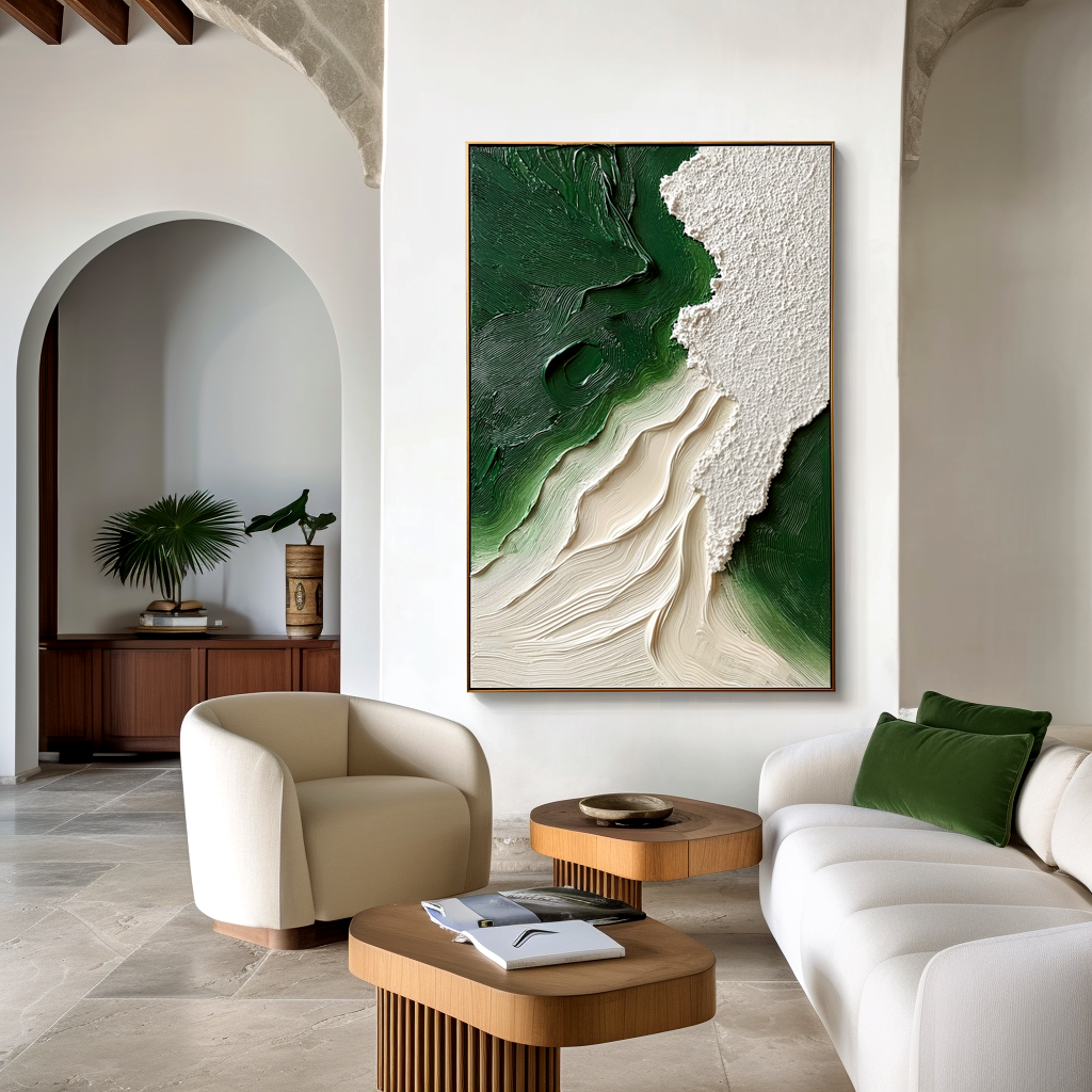 textured green abstract wall art with layered flowing brushstrokes