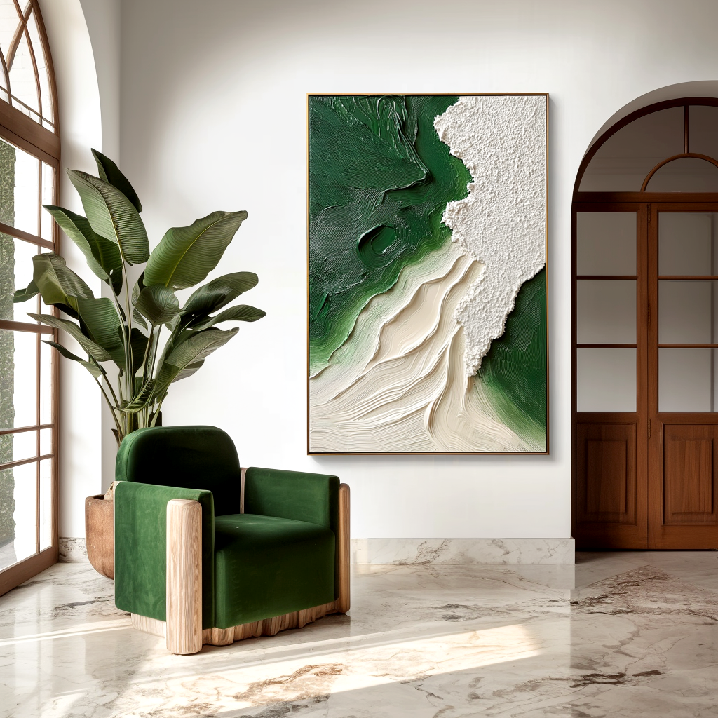 textured green abstract wall art with layered flowing brushstrokes