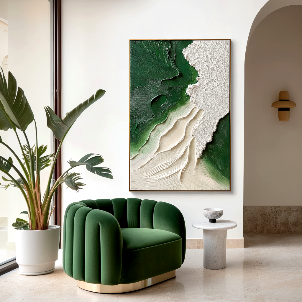 textured green abstract wall art with layered flowing brushstrokes