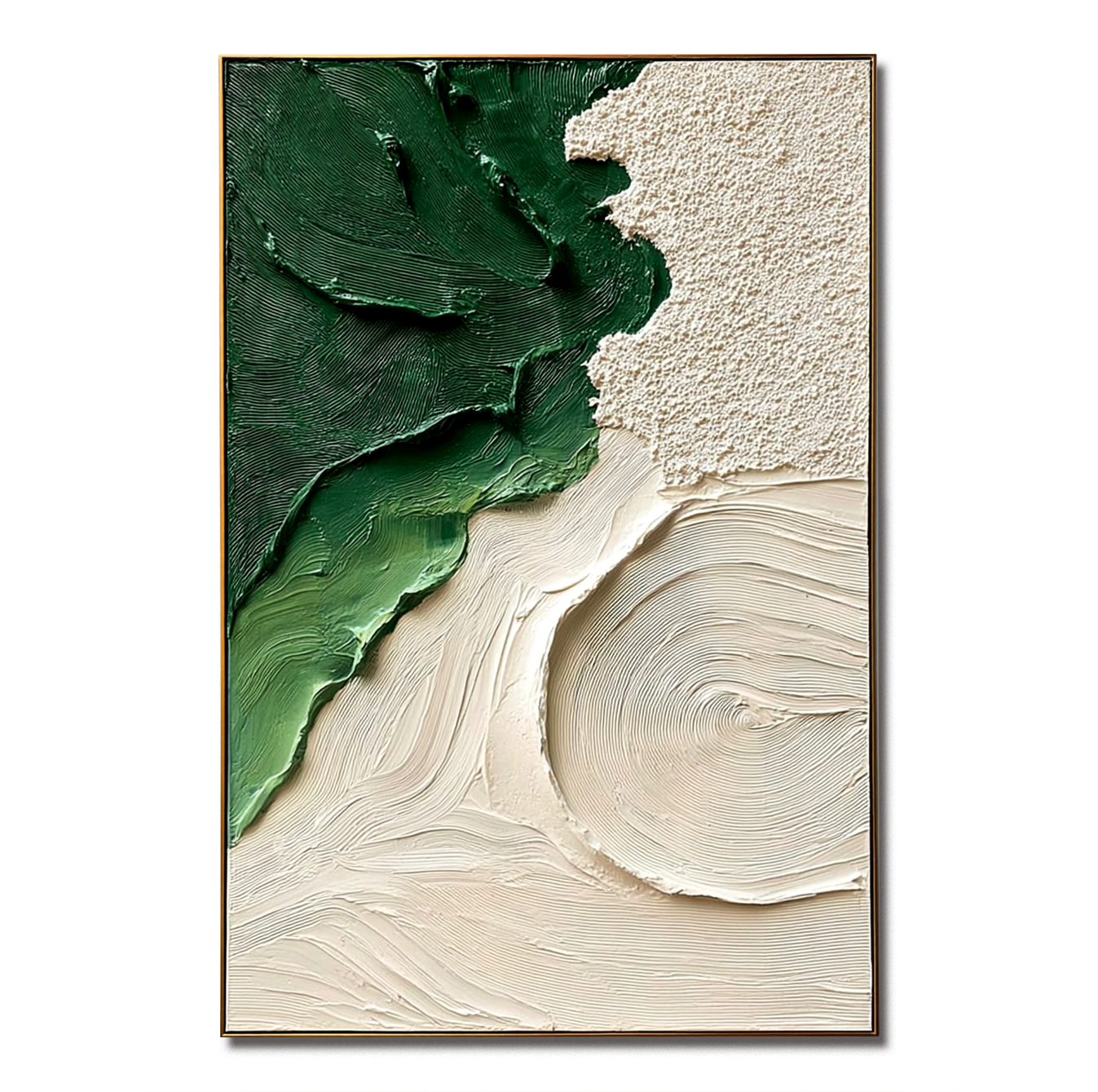 textured green and neutral abstract wall art with layered brushstrokes