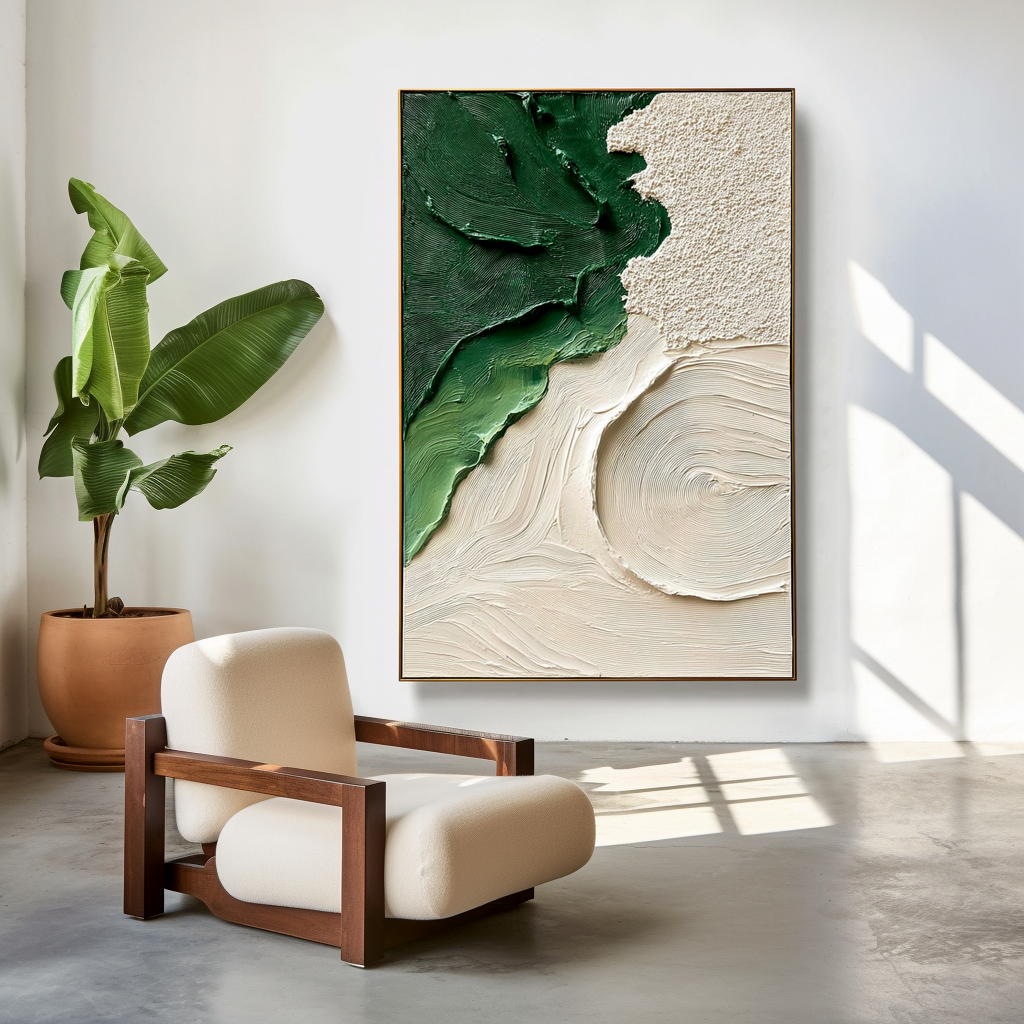 textured green and neutral abstract wall art with layered brushstrokes