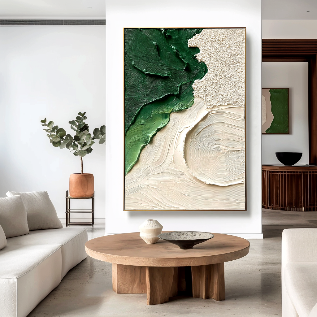 textured green and neutral abstract wall art with layered brushstrokes