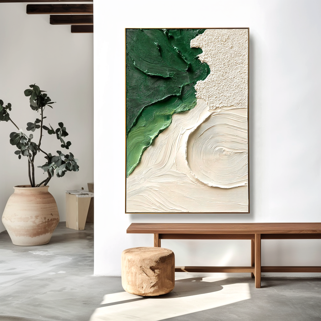 textured green and neutral abstract wall art with layered brushstrokes
