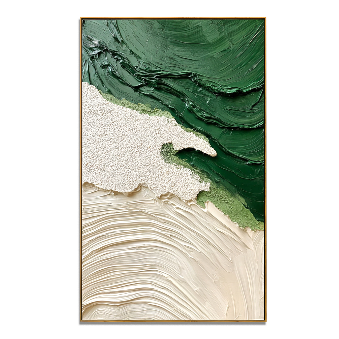 textured green and neutral abstract wall art with layered brushstrokes