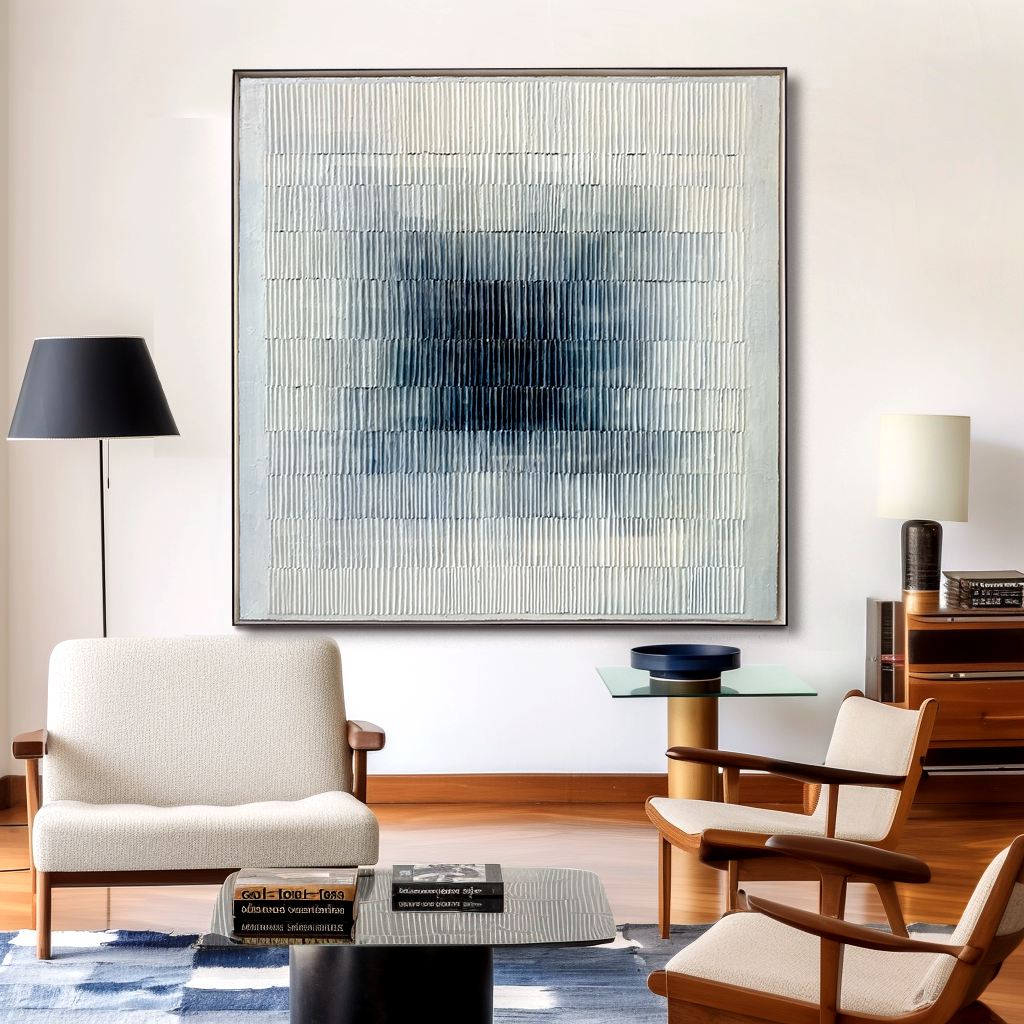 textured blue and white abstract wall art with soft gradient and raised lines
