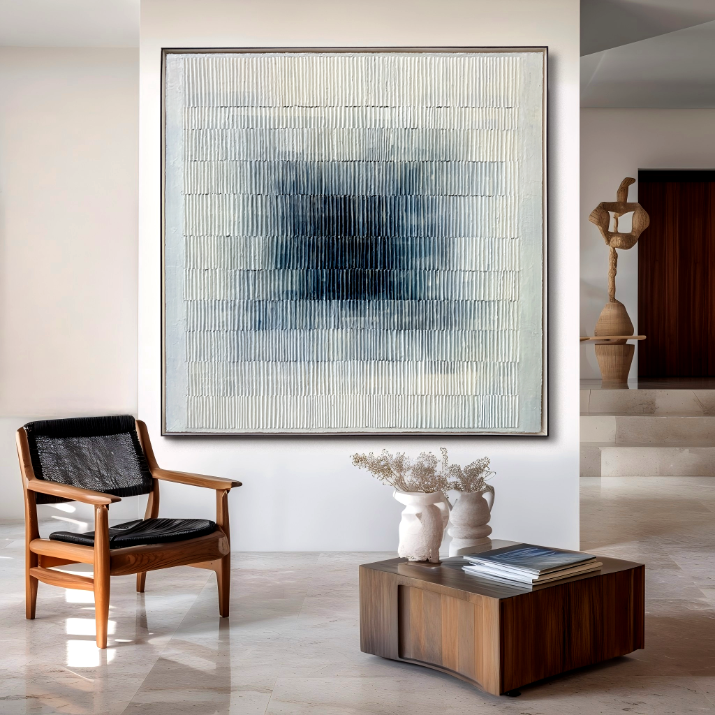 textured blue and white abstract wall art with soft gradient and raised lines