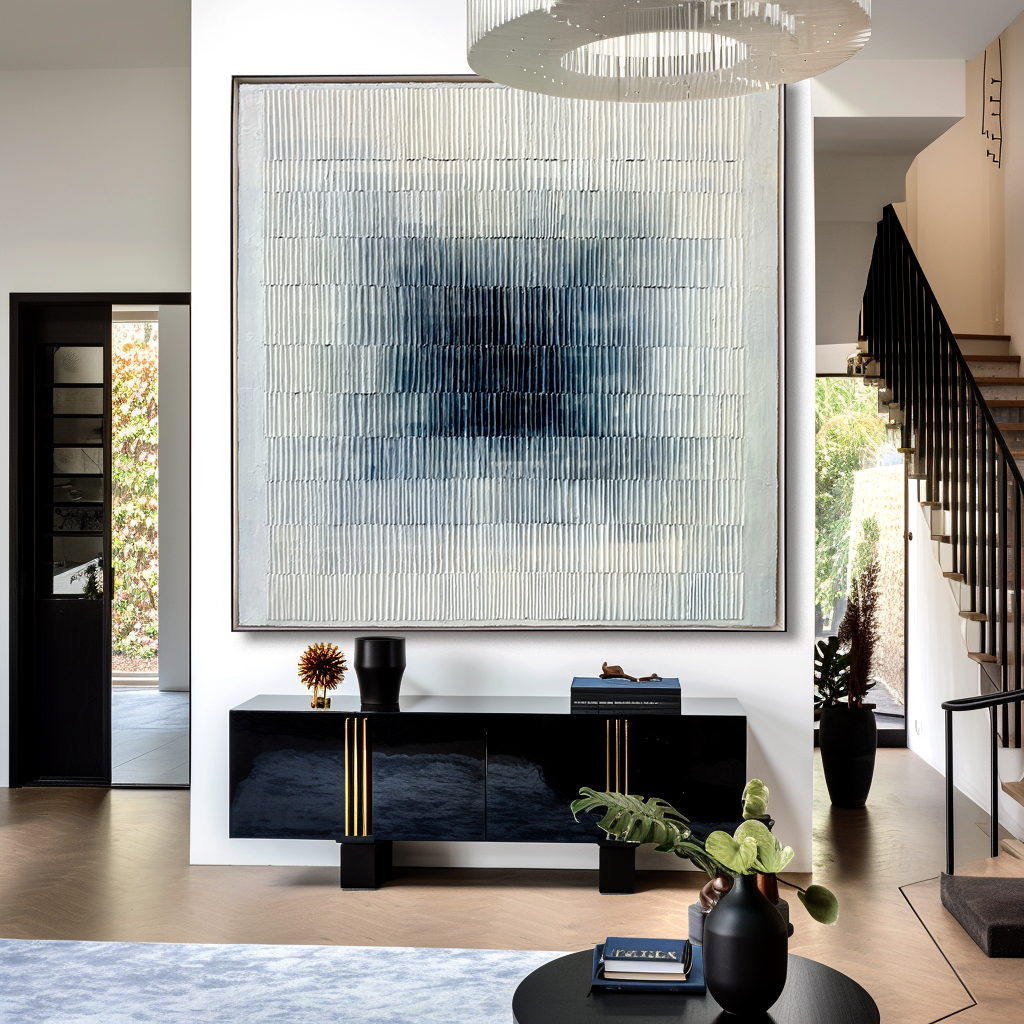 textured blue and white abstract wall art with soft gradient and raised lines