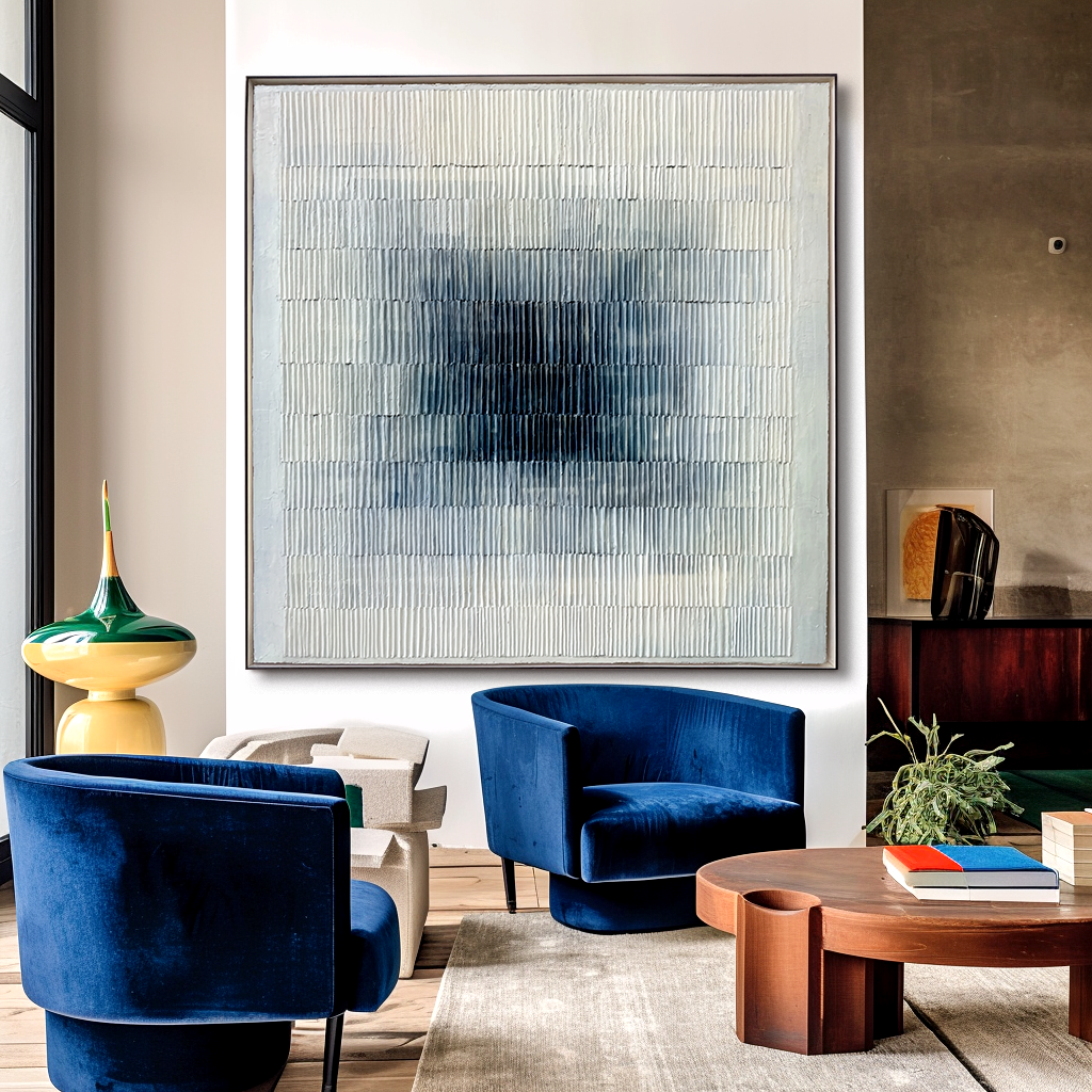 textured blue and white abstract wall art with soft gradient and raised lines