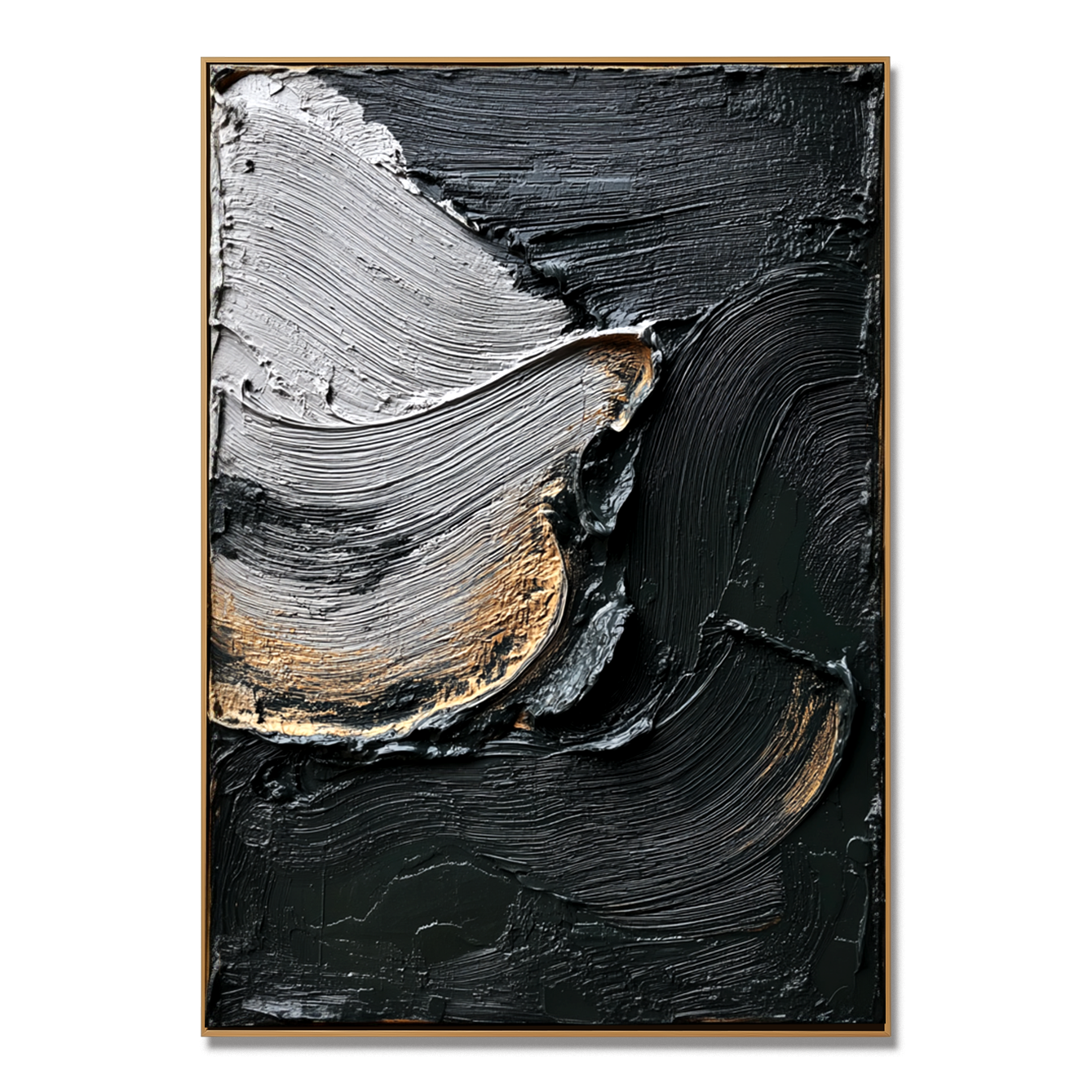 textured black, white, and gold abstract wall art with raised lines