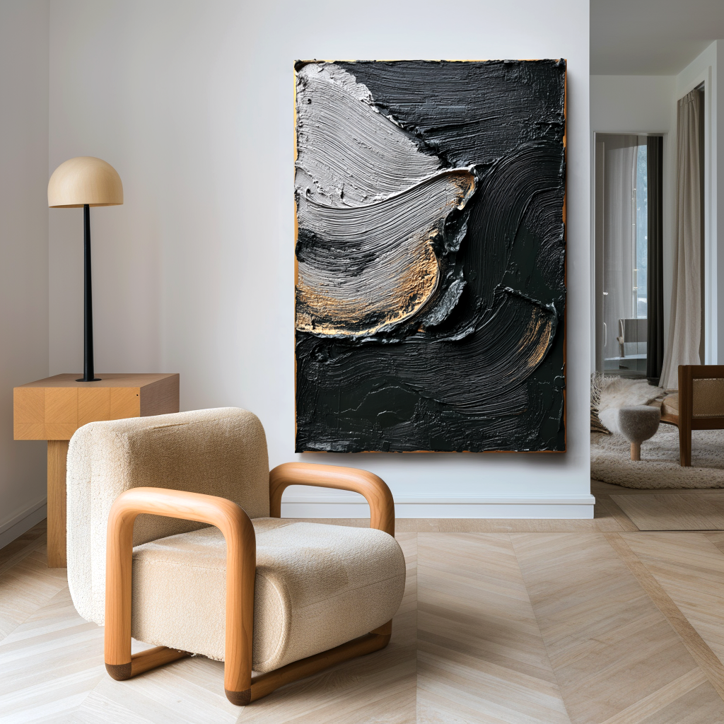 textured black, white, and gold abstract wall art with raised lines