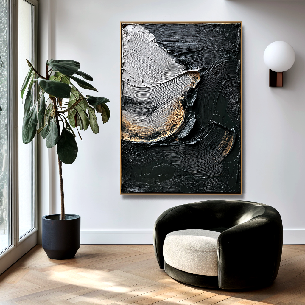 textured black, white, and gold abstract wall art with raised lines