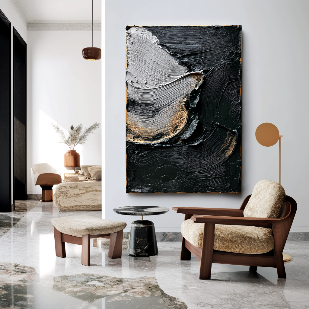 textured black, white, and gold abstract wall art with raised lines