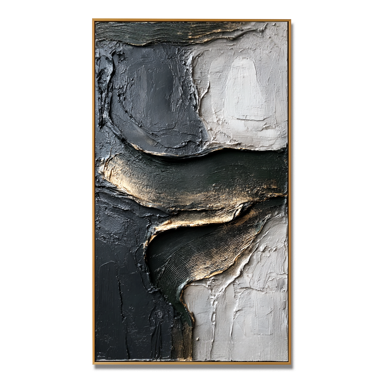 textured black, white, and gold abstract wall art with raised lines and curves