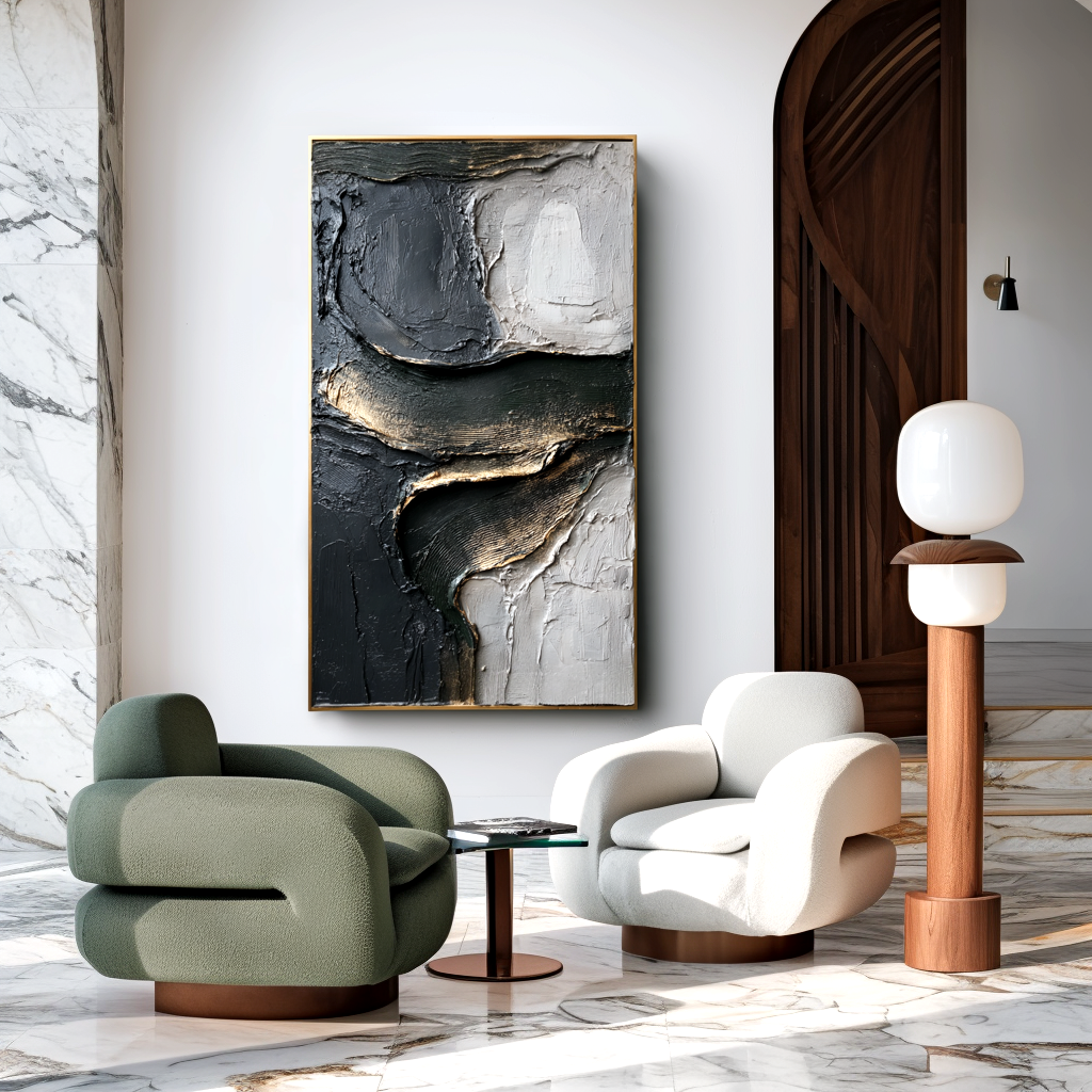 textured black, white, and gold abstract wall art with raised lines and curves