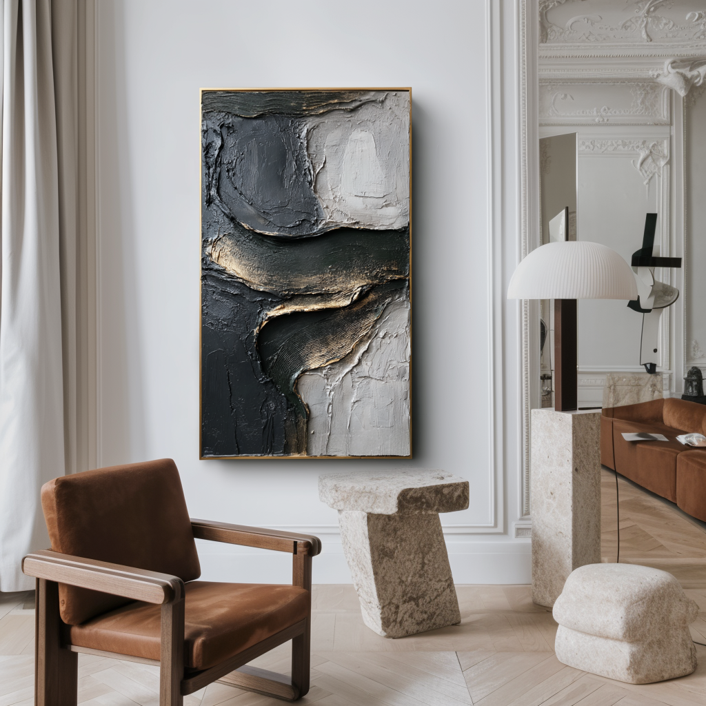 textured black, white, and gold abstract wall art with raised lines and curves